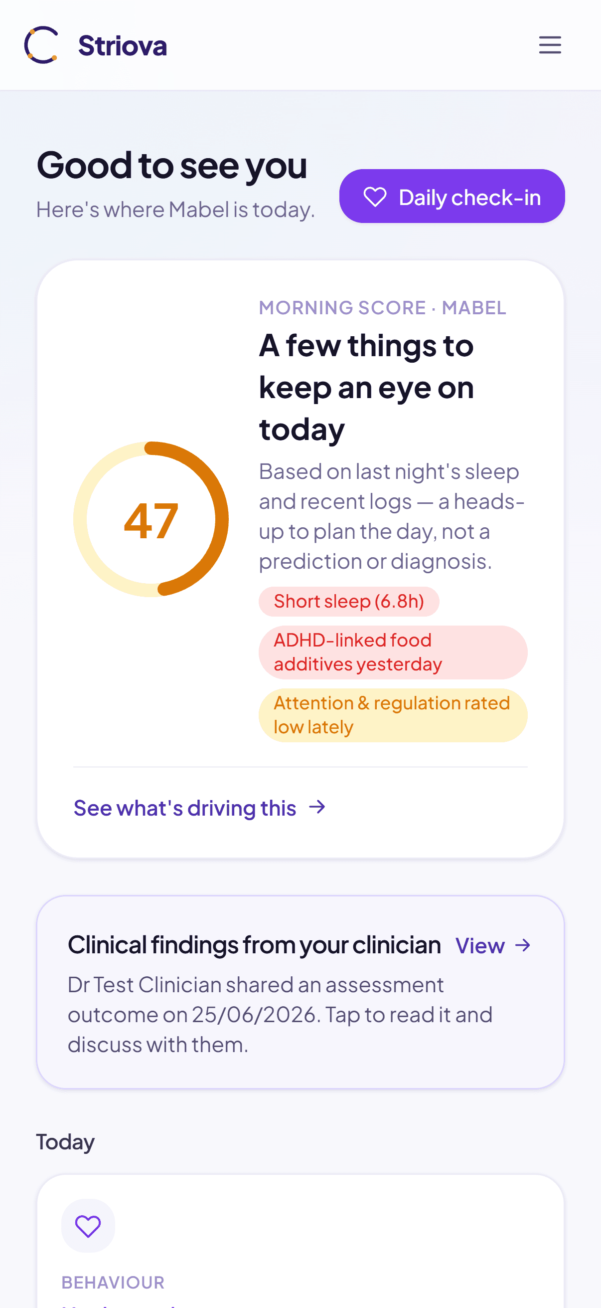 Striova, the ADHD family companion app we build and run — today's morning score and clinical findings