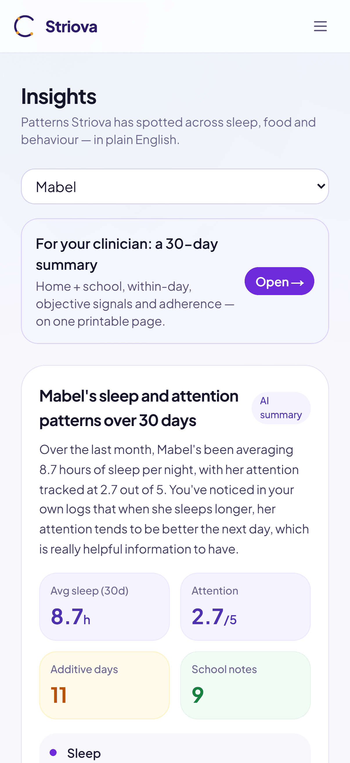 Striova insights — plain-English patterns and a clinician-ready 30-day summary